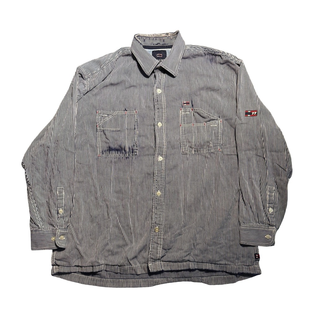 Vintage Bugle Boy Hickory Stripe Workwear Shirt Mens XL Blue White